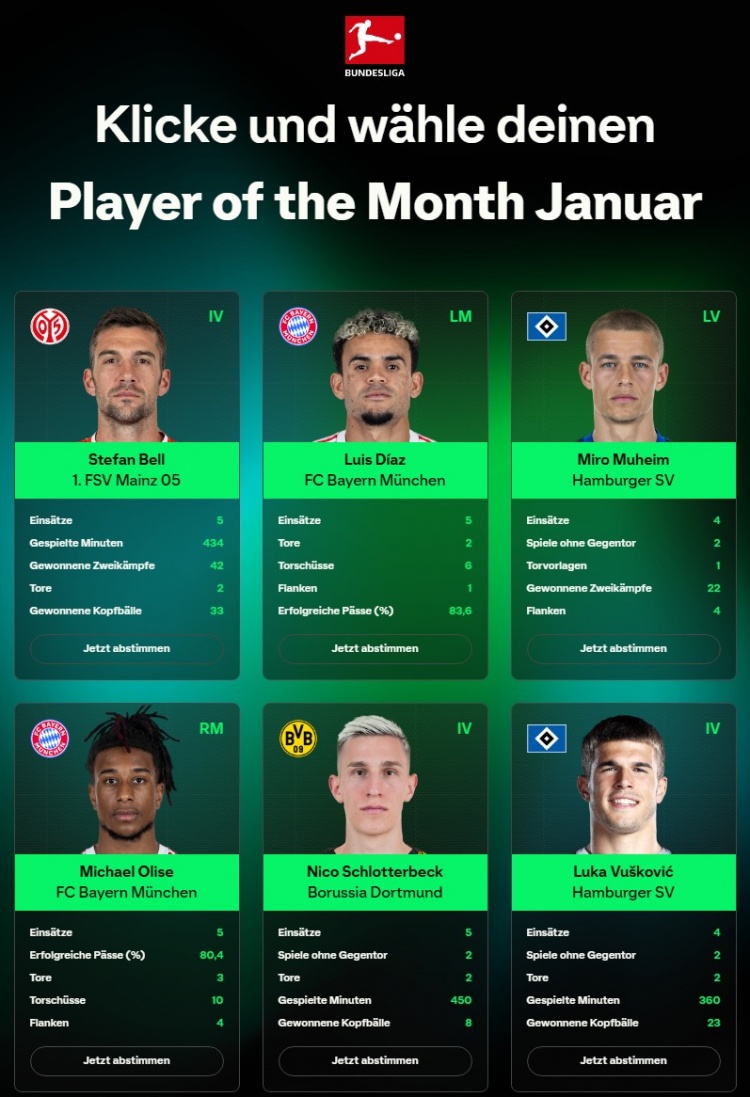 皇冠官网-德甲1月最佳候选：奥利塞、迪亚斯、施洛特贝克、武什科维奇领衔